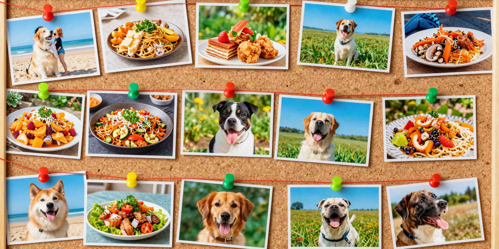 A cork board covered in pinned photos of food, beaches and dogs