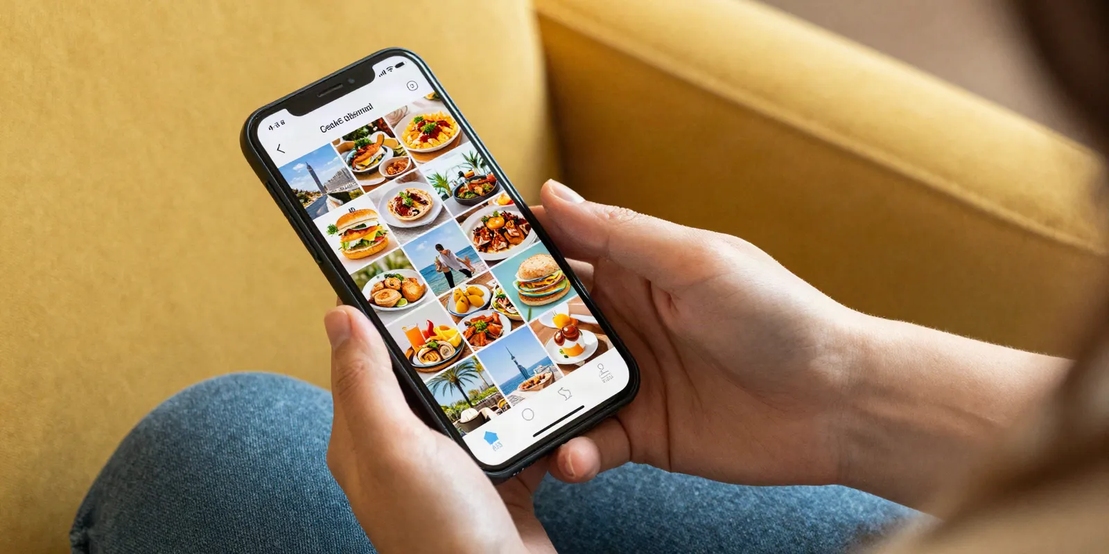 A woman on a mustard yellow sofa scrolling a grid of colorful photos on her phone