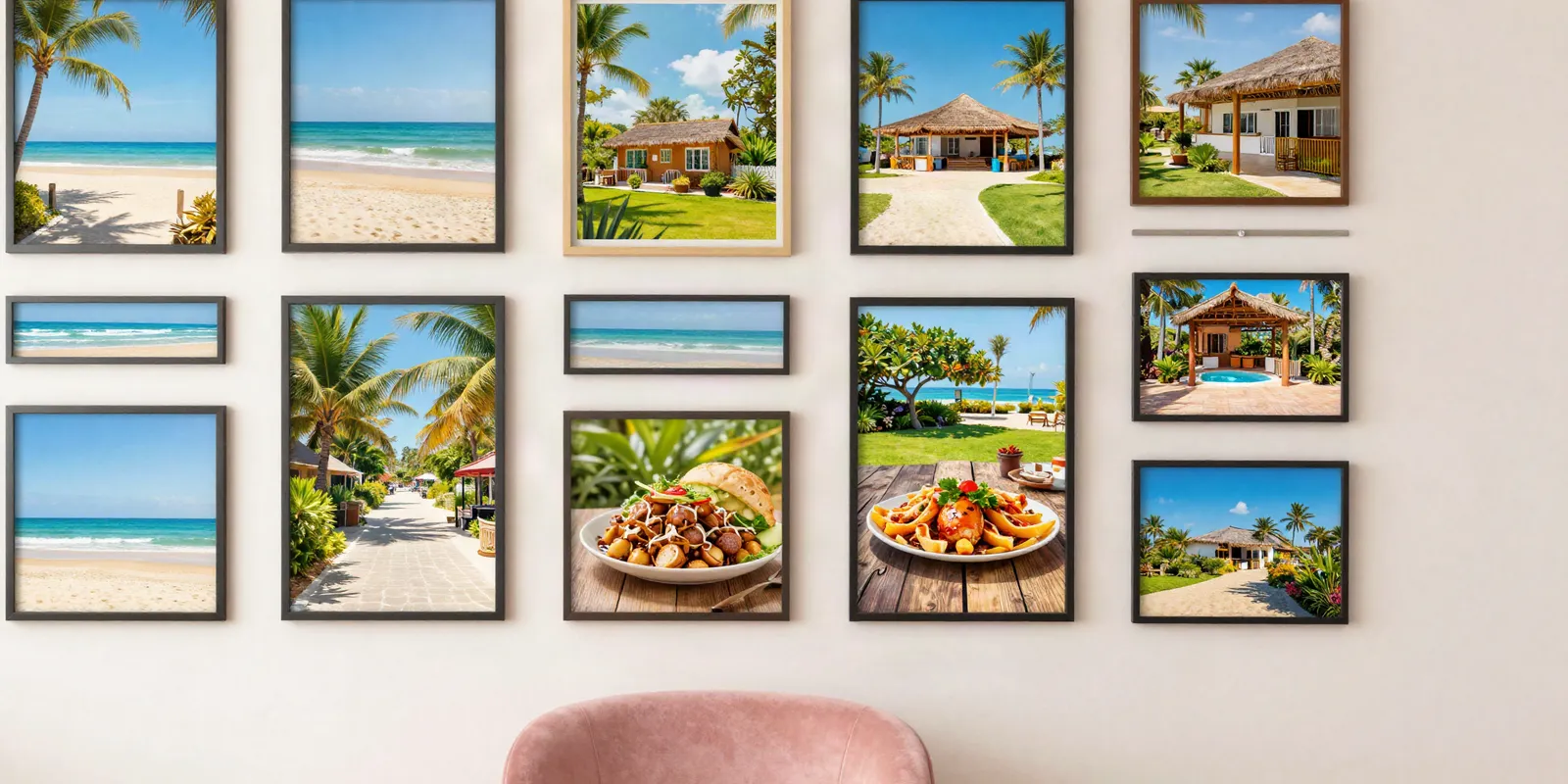 A bright wall of framed beach, garden and food photos