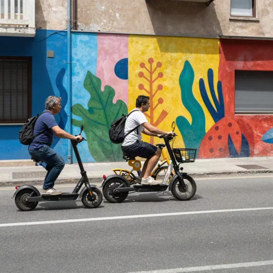 Riders on scooters passing a mural