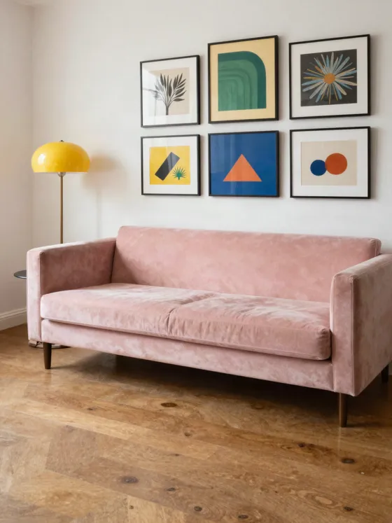 Living room with a pink sofa