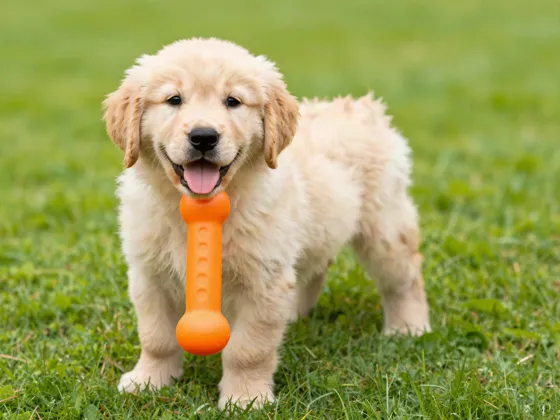 Golden retriever puppy with a toy